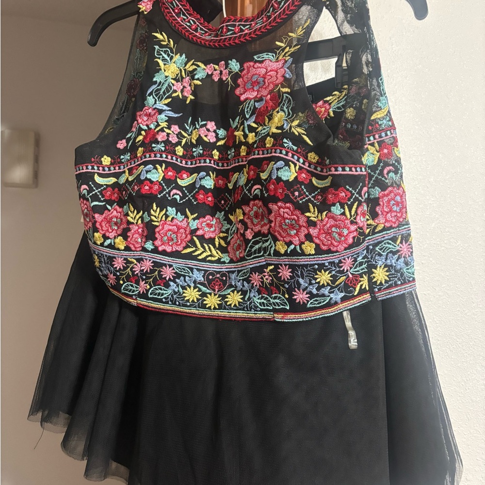 Floral Embroidered Black Mesh Dress